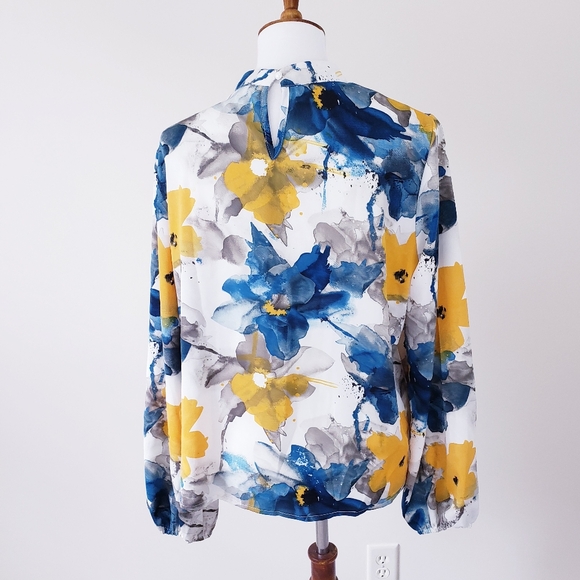Shein Lune Floral Mock Neck Long Sleeve Blouse Size XL Teal Yellow - Picture 5 of 9